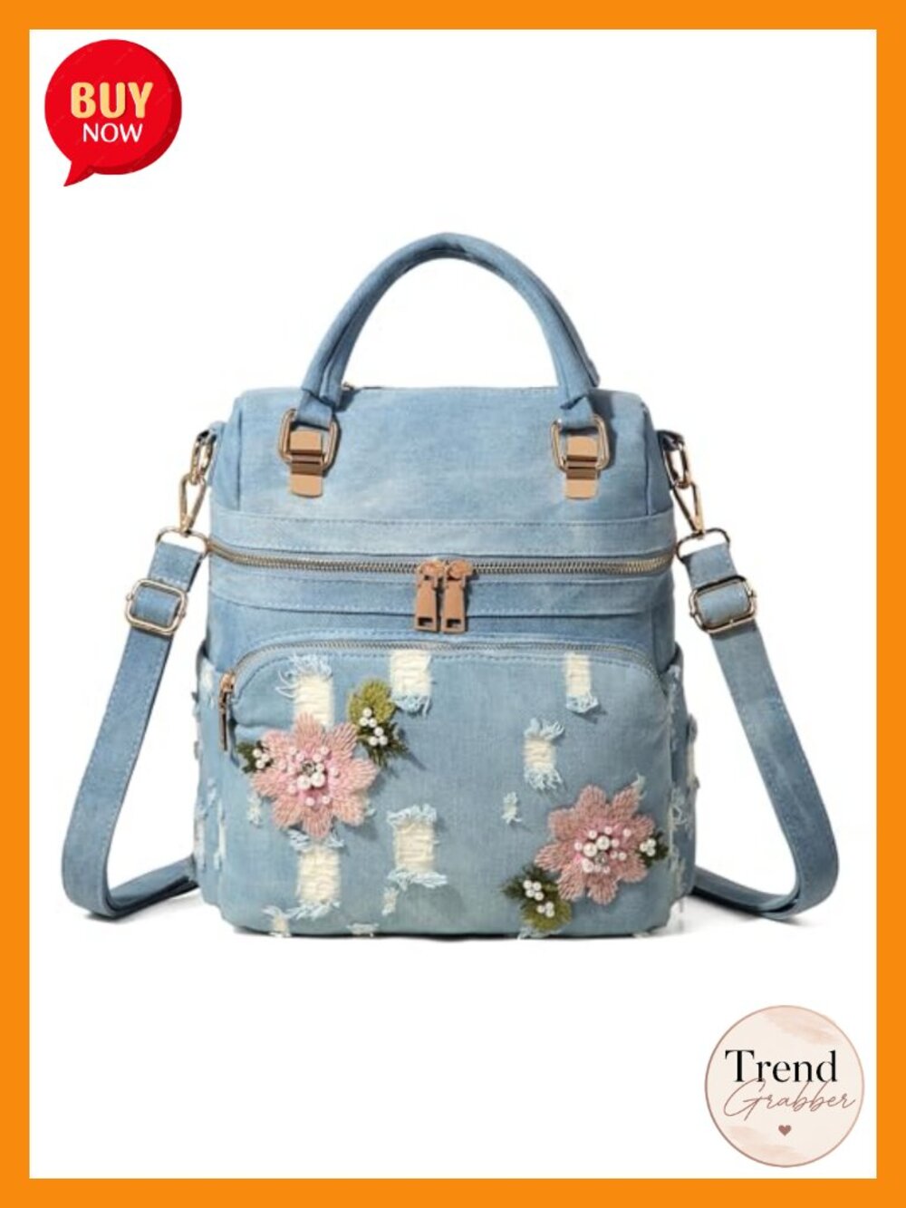 Distressed Denim Backpack Purse with Floral Applique and Rhinestones,